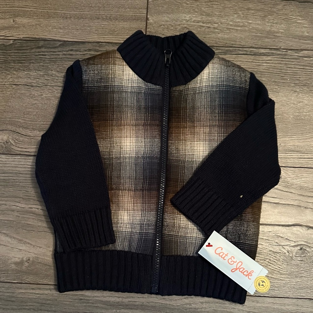 Cat & Jack Kids Plaid Zip-Up Sweater - Navy and Brown